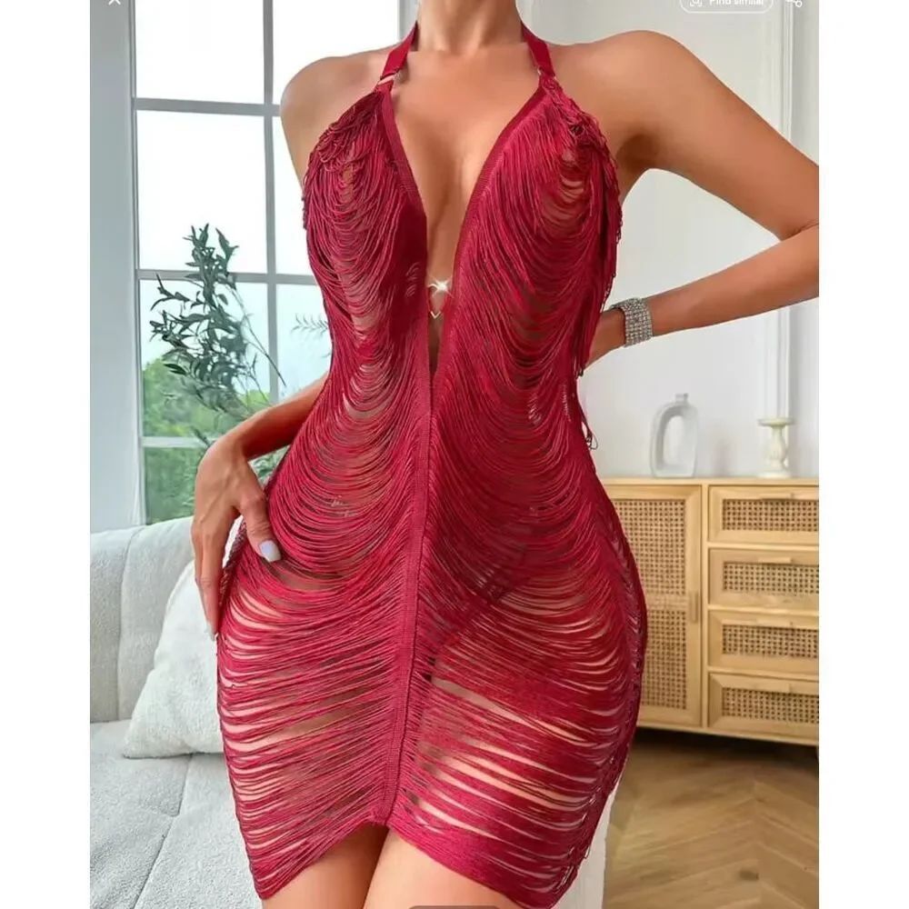 New Without Tags Fringe Dress Festival Sexy Size M Wine Red